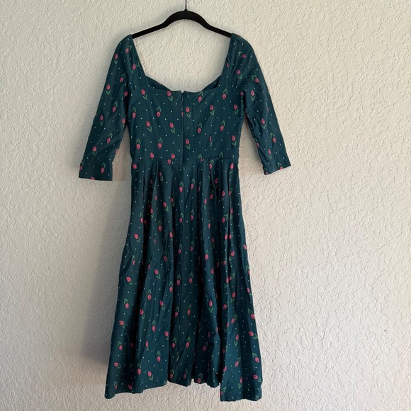 Unique Vintage Forest Green Lamar Swing MIDI Dress pink tulip & white polka dot - Picture 6 of 8